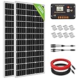 ECO-WORTHY 200 Watt Monokristallines Solarpanel Komplett Off-Grid Kit mit 2 Solarmodule je 100W + LCD Laderegler + Solarkabel + Halterungen für Montage, geeignet für Boot Camping Wohnwagen Schupp