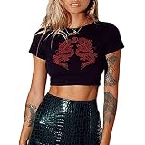 Tomwell Damen Kurzarm Mode Schlank Crop Batikmuster Tops Y2K Basic Drucken T-Shirt E-Girl Slim Fit Klassische Oberteile Sexy Runder Kragen Süße Lässige Bluse 01 Rot M