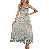 Zilosconcy Kleid Damen Elegant Sexy Sommerkleid Damen Lange Kleider Bandeau Ärmelloses Sommerkleid Boho Drucken MaxiKleid Rüschen Casual Partykleid Strandkleider Off Shoulder Abendk