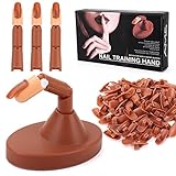 Lionvisone Übungsfinger,3 Stück flexibler falscher Finger 100 Stück austauschbare Nagelspitzen Trainingsfinger-Display mit Basis Übungsfinger für Acryl für Maniküre Nail Art (Braun）