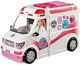 Barbie FRM19 - 2-in-1 Krankenwagen, aufklappbares Fahrzeug mit Licht und Geräuschen, Puppen Spielset mit Zubehör, Mädchen Spielzeug ab 3 Jahren, Mehrfarbig, N