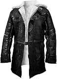 EU Fashions Tom Hardy Bane Coat Dark Knight Rises White Faux Fur Shearling Black Leather Jacket, Schwarz - Kunstleder, XX-Larg
