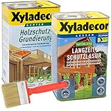 Xyladecor natürliche Langzeitschutzlasur und Grundierung im Set, UV Holz-Lasur auf Basis nachhaltiger Holzöle für außen (2,5L + 2,5L, kiefer)