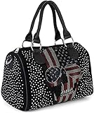 styleBREAKER Damen Bowling Bag mit Strassnieten und USA Totenkopf Strass Applikation, Umhängetasche, Handtasche 02012315, Farbe:Schw