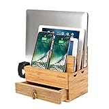 iCozzier 4 Slots Abnehmbarer Bambus-Uhrenständer Mit Schublade Ladestation für mehrere Geräte Dock für iWatch, Smartphones, Tablets, Laptop