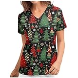 MOKBAY Frauen Weihnachtsdruck Langarmshirts Kurzarm V-Ausschnitt Tops Arbeitsuniform Taschenbluse Damen Blusen Shirt Damen Tunika Kleid Damen Große Größen Cartoon Bluse Damen T S