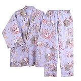 Pyjamas Damen Japanischer Kimono Set Baumwolle Schlafanzug Bunny Pyjamahose Nachtwäsche Freizeithose Negligee Nachthemd V-Ausschnitt Lingerie Gammelhose Locker Sleepwear Umstandskleid mit T