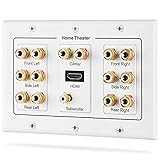 Fosmon [3-Gang 7.1 Surround Sound] Heimkino-Wandplatten Vergoldet Kupfer-Banane Bindung Pfosten Coupler Typ Wandplatte für 7 Lautsprecher und 1 RCA Buchse für Subwoofer & 1 HDMI Ports (Weiß)