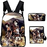 Anime Angriff auf Titan Schulranzen 3D Levi Ackerman Cosplay Schultasche + Lunch Box + Bleistift-Kasten 3 PC / Laptop Set Daypack Bookbag Rucksack für Kinder Jungen Mädchen-Levi Ack