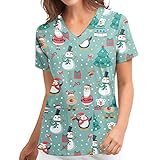 HHyyq Frauen Weihnachtsdruck Kurzarm V-Ausschnitt Tops Arbeitsuniform Taschenbluse Frauen Weihnachtsdruck Kurzarm V-Ausschnitt Tops Arbeitsuniform Taschenbluse T-S