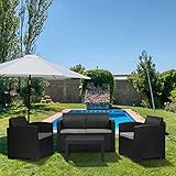 Sekey Polyrattan Lounge Set, Garten Sitzgruppe Gartenmöbel Set für 4 Personen mit Tisch & Sitzkissen für Terrasse, Schw