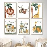 Wandkunstdrucke Safaritiere Dschungel Löwe Giraffe Zebra Elefant Leinwand Gemälde Nordic Poster Dekor Bilder Baby Kinderzimmer-30x42cmx6-Kein R