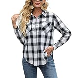 NONSAR Damen karohemd Langarm V-Ausschnitt Kariert Bluse Hemd 100% Baumwolle Knopfhemd Tunika Tops Jacke Mantel Geeignet für Alltag und Oktoberfest (9335XXL, Weiß+schwarz)