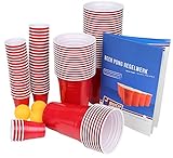 Ultimate Beer Pong Party Paket | Rote Partybecher mit Bällen & Shot Cups | Beer Pong Party Cups | Extra Starke Becher Rot | Kunststoffbecher | Plastikbecher (100 Becher, 100 Shots & 6 Bälle)