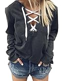 Dresswel Damen Sexy Oberteile Schnüren V-Ausschnitt Hoodie Sweatshirt Criss-Cross Langarmshirt Pullover Einfarbig Tunika Tops Oberteile Lose B
