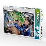 CALVENDO Puzzle Mädchen spielt mit der Ziege und einem Hund 1000 Teile Lege-Größe 48 x 64 cm Foto-Puzzle Bild von Val T