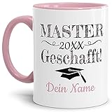 Tasse mit Spruch - Abschluss geschafft Master - zum selbst Gestalten mit Wunschname und Abschlussjahr - Geschenk für den Abschluss zum Master, Henkel & Innen Rosa 300 ml |