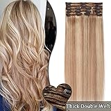 Elailite Clip in Extensions Echthaar doppelt Tressen dicke Volumen Haarverlängerung glatt 40cm 130g #18/613 Honigblond/Hellb