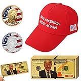 Vanproo 13 Stück 2018 USA Präsident Donald Trump, 10 Stück Goldfolie 1000 Dollar Schein + 1 Trump Sport Hut + 2 Stück offizielle authentische 24 Karat vergoldete Donald Trump Gedenkmünzen in G