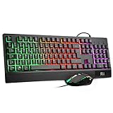 Rii Gaming Tastatur und Maus Set, maus und tastatur, RGB Hintergrundbeleuchtung QWERTZ (DE-Layout), Regenbogen Farben Beleuchtete USB Wasserdicht Tastatur und Maus mit 3200 DPI für Pro PC G