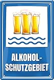 Blechschilder Lustiger Alkohol Trink Spruch “Alkohol-Schutzgebiet“ Bier Deko Schild Metallschild Küche Tür Bar Theke Pub Geschenkidee Geschenk zum Geburtstag oder Weihnachten 20x30