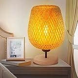 EUPYTE Bambus LED Tischlampe, Dekorative Nachttischlampe Nature Tischleuchte mit E27 5w Glühbirne, Holzsockel aus Naturkautschuk, Handgeflochten Leselampe für Schlafzimmer, Wohnzimmer, Bü