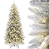 Yorbay Künstlicher Weihnachtsbaum Slim mit Beleuchtung und Schnee Bleistift Tannenbaum für Weihnachten Dekoration, Metallständer, Schmal, Weiß (210cm)
