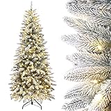 Yorbay Künstlicher Weihnachtsbaum Slim mit Beleuchtung und Schnee Bleistift Tannenbaum für Weihnachten Dekoration, Metallständer, Schmal, Weiß (210cm)