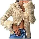 Damen Pelzkragen Tunika Tops Einfarbig Jäckchen mit Knopfleiste Slim Fit Langarm Button Up V-Ausschnitt Shirts Frauen Winter Casual V-Ausschnitt Strickjacke Fleece Nähte Coat Mantel Mode Streetw