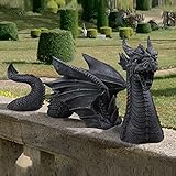 Lrxinki Gartendeko Drache Harz Gotisch Gartenstatuen, 25cm Gartenfigur, Glücksdrache Drache Garten Figur Fantasy,Ornamente Für Den Garten, Terrasse, Vorgarten, Rasen (Schwarz)