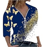 Masrin Trendige Oberteile Damen Pullover mit goldenem Schmetterlings Print T Shirt mit Kontrastnähten Langarm Tunika mit schrägem Ausschnitt Unregelmäßige schulterfreie Bluse Herbst Lang