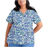 Oversize Women Short Sleeve V-Neck Tops Workwear Shirt Easter Thanksgiving Print Cute Scrub_Top Working Uniform Blouse(Blue,XXXXL)