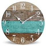 NIKKY HOME Rustikale Wanduhr mit Strandmotiv, 30,5 cm, rund, batteriebetrieben, geräuschlos, gespleißt, nicht tickend, Bauernhaus-Holzuhr für nautisches Badezimmer, Küche, Wohnzimmer, S
