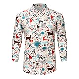 COOFANIN Lustiges Weihnachtsmuster-Print für Herren, Weihnachtsmann-Shirt, Reverskragen, langärmelig, Button-Up-Kleid, Hemden, Weihnachten, Festival, T-Shirts, weiß, L