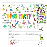 12 × Einladungskarten Kindergeburtstag Junge+2 × Dino 3D Aufkleber,Glitzer Einladungskarten Geburtstag Kinder,Einladungskarten Dinosaurier für Junge Geburtstag und Kinderparty（Cartoon Dino）