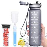 Favofit Trinkflasche mit Früchtebehälter, 1L motivierende Wasserflasche mit Zeitmarke, Auslaufsichere BPA-freie Sportflashce für Sport Fitness Outdoor, mit Reinigungsbürste, 1 Klick Öffnen, G