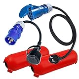 CEE Adapter Kabel Schuko Stecker Kupplung Schutzbox/Kabelbox Set Rot - Camping Zubehör Boot Wohnmobil Wohnwagen Garten - Gummikabel H07RN-F 3x2,5mm² 230V 16A Stromadapter/Adapterkabel blau 1,5m 0,3