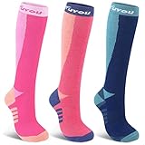 Skisocken Damen Herren, 3 Paar Extra Dicke Warme Schnee Winter Skifahren Socken Lange Kniehoch Schnee Snowboard Skifahren Socken, Rosenrot + Karminrot + Dunkelblau, Einheitsgröß
