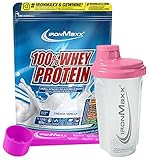 IronMaxx 100 Prozent Whey Protein Pulver Molke wasserlöslich, Geschmack French Vanilla+ Measuring Spoon Dosierlöffel 30 cm, Farbe Pink + Eiweiß Shaker mit Drehverschluss, Frozen White R