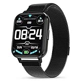 Smartwatch Fitness Armbanduhr IP68 Wasserdicht Sportuhr Mit Schrittzähler Stoppuhr Smart Watch for Damen Herren (Color : Black)