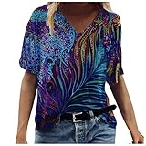 Vintage Drcuken Damen Oberteile Sommer Kurzarm Blusen T-Shirt V-Ausschnitte Loose Oversize Shirt Retro Blumen Drucken Frauen Bluse Tops Casual Bedruckt Asymmetrisch Oberteile Top Mode Tunika Top