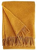 cawa Plaids&Co Wolldecke 100% Schurwolle, Wollplaid mit Fransen 140x200cm (Cognac Gelb), Decke Wolle, Wohndecke, Kuscheldecke, Tagesdecke, Sofadeck