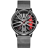 Herren Uhr Kreativ Armbanduhren,Autorad Felgennabenuhr,Auto Rad Felgen Nabe Uhr, Männer Sport Wasserdicht Custom Design Armbanduhr,3D Auto Rad Felge Nabe Quarz Herrenuhr Stahl mit rotem Zeig