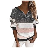 Xmiral Pullover Damen Sternenhimmel Gedruckt Gestreifte Langarm-Reißverschluss T-Shirt Bluse mit V-Ausschnitt(Rosa,L)