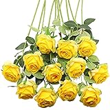YYHMKB 12Pcs künstliche Rosen, einzelne Lange Stiel Seidenblüte gefälschte Blume für Brauthochzeitssträuße, Home Party Office Hotel Dekoration, Mittelstücke Gelb
