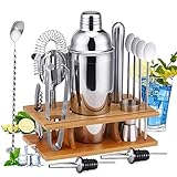 LTLWSH Cocktail Shaker, 14 teiliges professionelles Cocktail Set, Cocktailshaker Edelstahl 750ml Cocktail Kit Zubehör Boston Shaker Mixer für Getränkemischen mit Holzständer Cocktail Mak