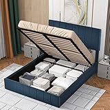 GALER Bett mit Bettkasten Samt-Stoff Hydraulisch Polsterbett Lattenrost Doppelbett Stauraum Metallrahmen Leinenmaterial 140x200cm Bett mit Kopfteil, Schlafzimmerbett Bettrahmen Bettgestell (Blau)