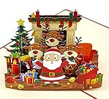 MOKIO® Pop-Up Weihnachtskarte – Weihnachtsmann, Rentier & Geschenke – 3D Grußkarte Merry Christmas, handgefertigte Geschenkkarte zu W