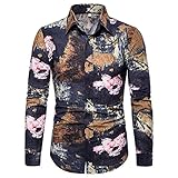 XPDD Herren Hemden Herren-Langarm Hemd Slim-Fit Einfarbig Regular Blumendruck Button-down Herrenhemden Kurzarm-Hemden Freizeit-Hemd Business Party Freizeit Shirt Langarmhemd für M