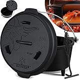 KESSER® Dutch Oven Set BBQ 7,3 Liter, Feuertopf Schmortopf mit Füßen, Gusseisen Topf mit Deckelheber Henkel und Schlitz für Themormeter, kochkessel Grilltopf Gulaschkessel für Oudoor & I